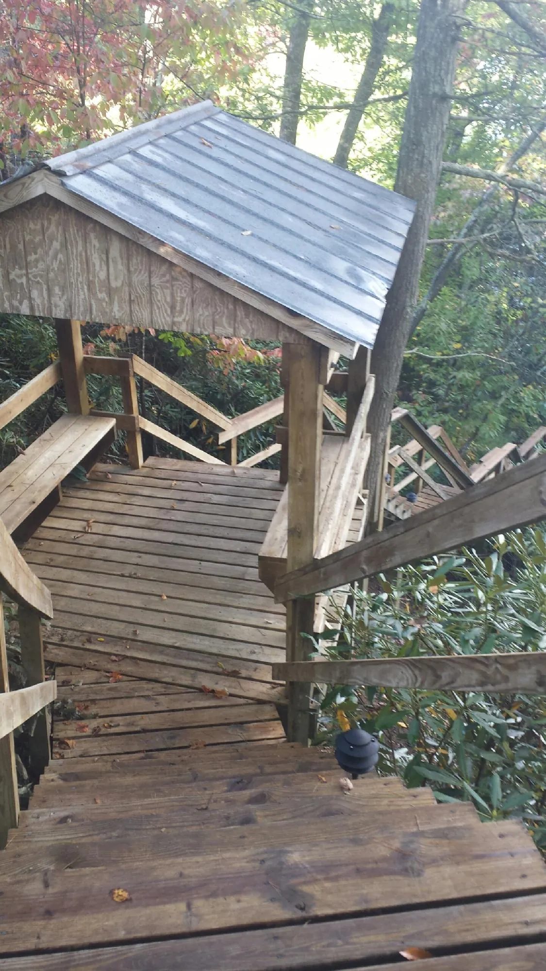Metal roofed shelter over wooden steps on a wooded walkway — Skylight Repair & Installation work by our crew in Swisher
